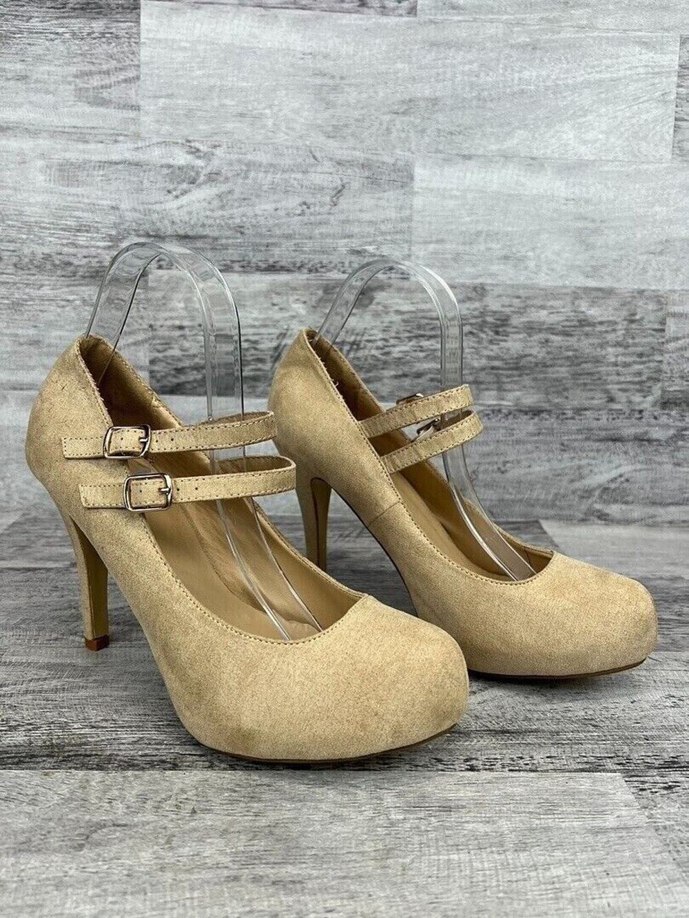 Just Fab Womens Beige Faux Suede Double Strap Heels Size 9